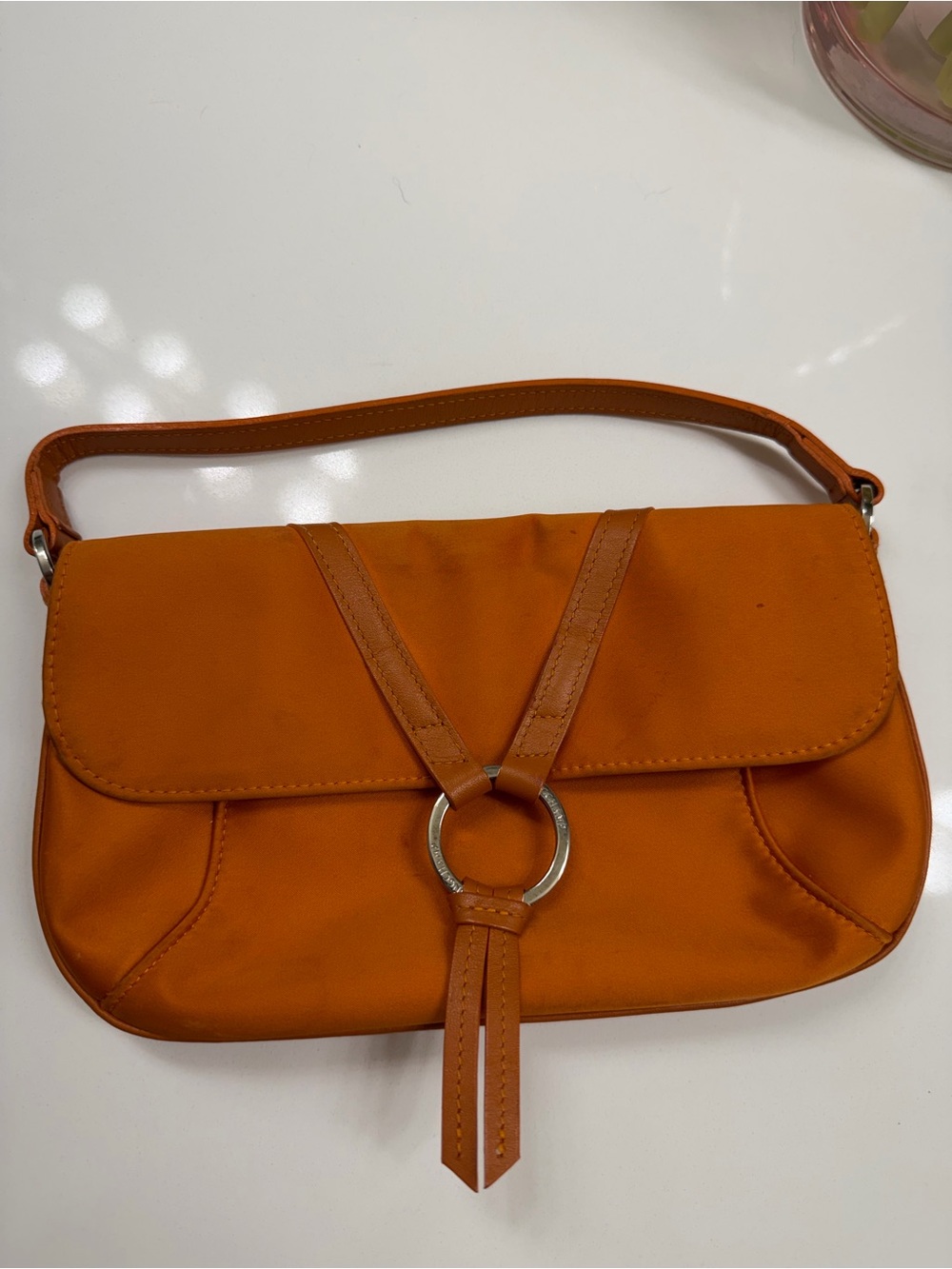 LONGCHAMP Burnt Orange Satin Mini Bag Front Flap Leather Trim Shoulder Bag